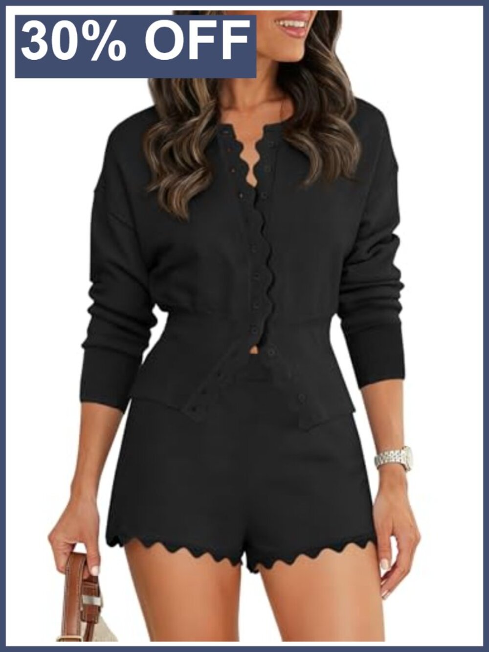 Scallop Trim Knit Cardigan & Shorts Set Puff Sleeve Loungewear